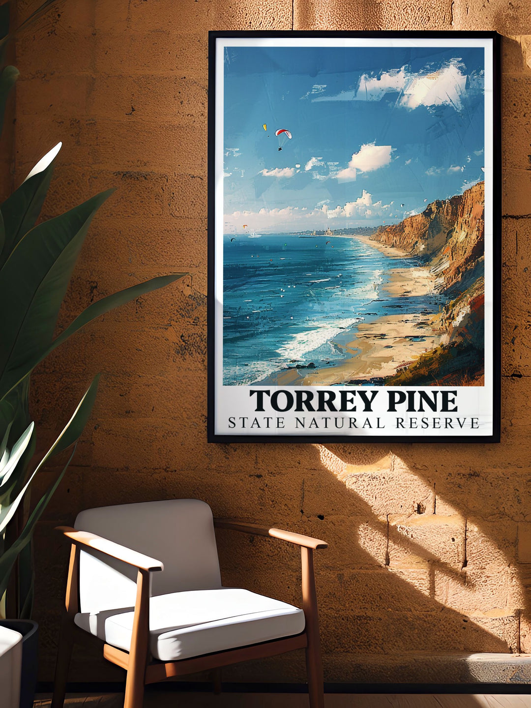 Vibrant Torrey Pines travel poster highlighting the beach and cityscape ideal for stunning living room decor and unique gifts for friends