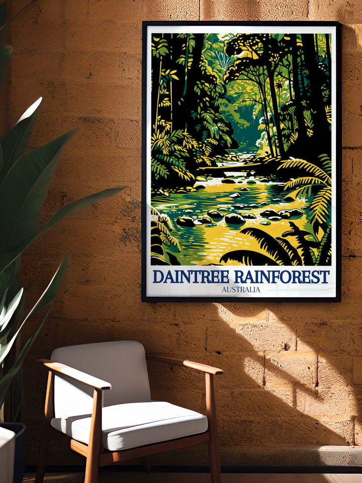 Mossman Gorge Art Print features the pristine waters and dramatic scenery of Australias tropical wilderness. With the Daintree Rainforest and Emmagen Creek completing the scene, this artwork offers a peaceful reminder of the beauty found in nature.