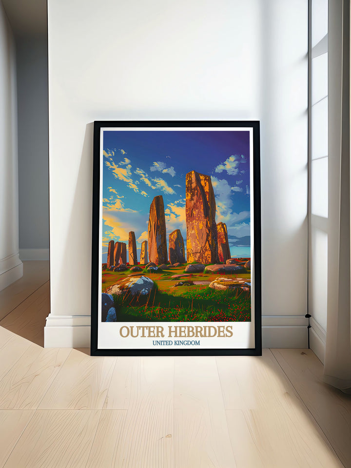 Isle of Harris print showcasing the serene beauty of the Scottish island with a focus on Callanish Standing Stones perfect for elegant home decor and vintage travel enthusiasts