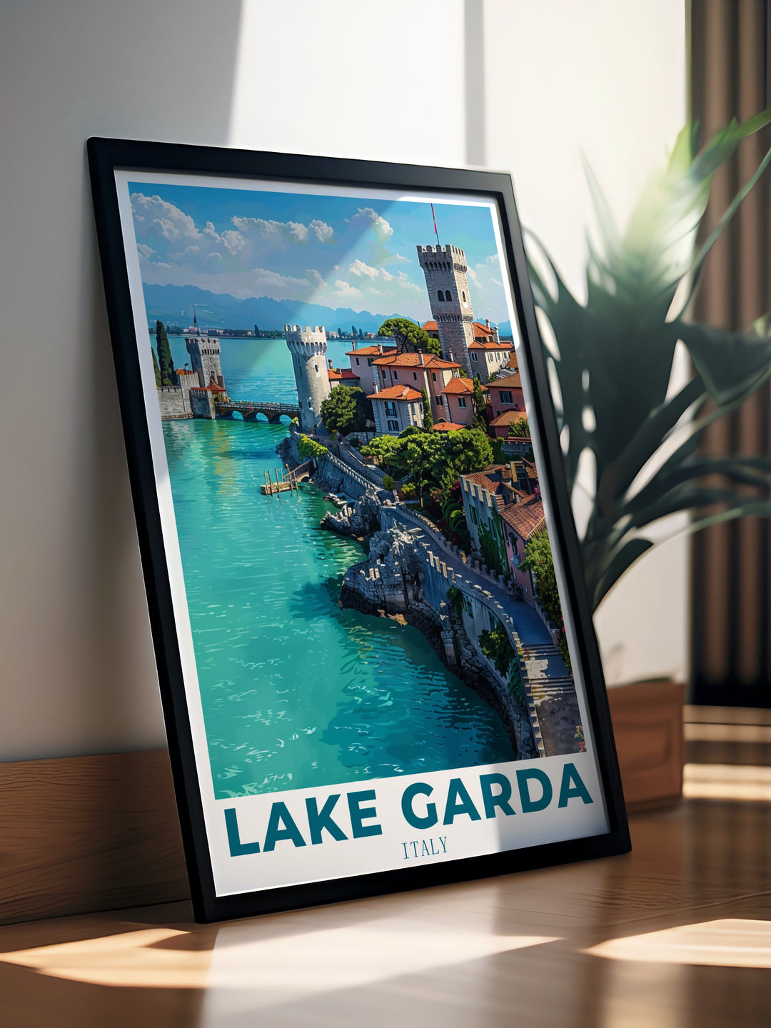 This Lake Garda art print captures the beauty of Italys northern lake, combined with the historic charm of Sirmione. Ideal for any living space, this travel poster is perfect for those who love Italys landscapes.