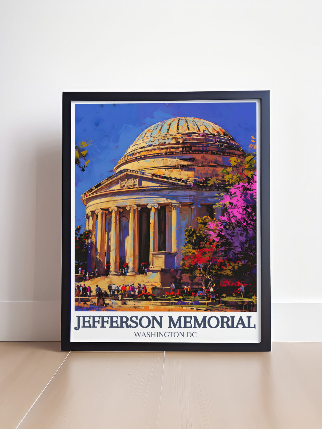 This Jefferson Memorial travel print captures the neoclassical dome and the Grand Rotunda, celebrating the architectural elegance of Washington D.C.s iconic landmark. Perfect for history lovers and patriots, this wall art brings timeless American beauty into your space.