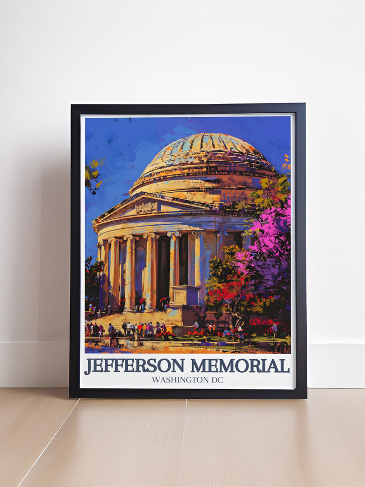 This Jefferson Memorial travel print captures the neoclassical dome and the Grand Rotunda, celebrating the architectural elegance of Washington D.C.s iconic landmark. Perfect for history lovers and patriots, this wall art brings timeless American beauty into your space.