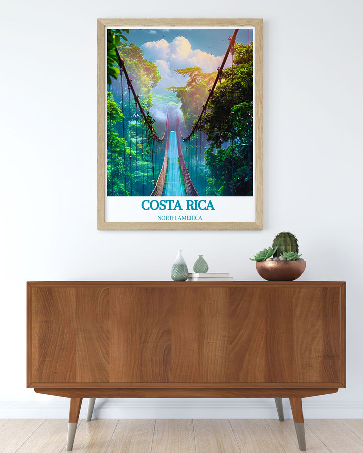 Bring the essence of Costa Rica into your home with this beautiful travel poster of Monteverde Cloud Forest Reserve, showcasing its misty trails and lush greenery, perfect for adding a touch of tropical beauty to your space.