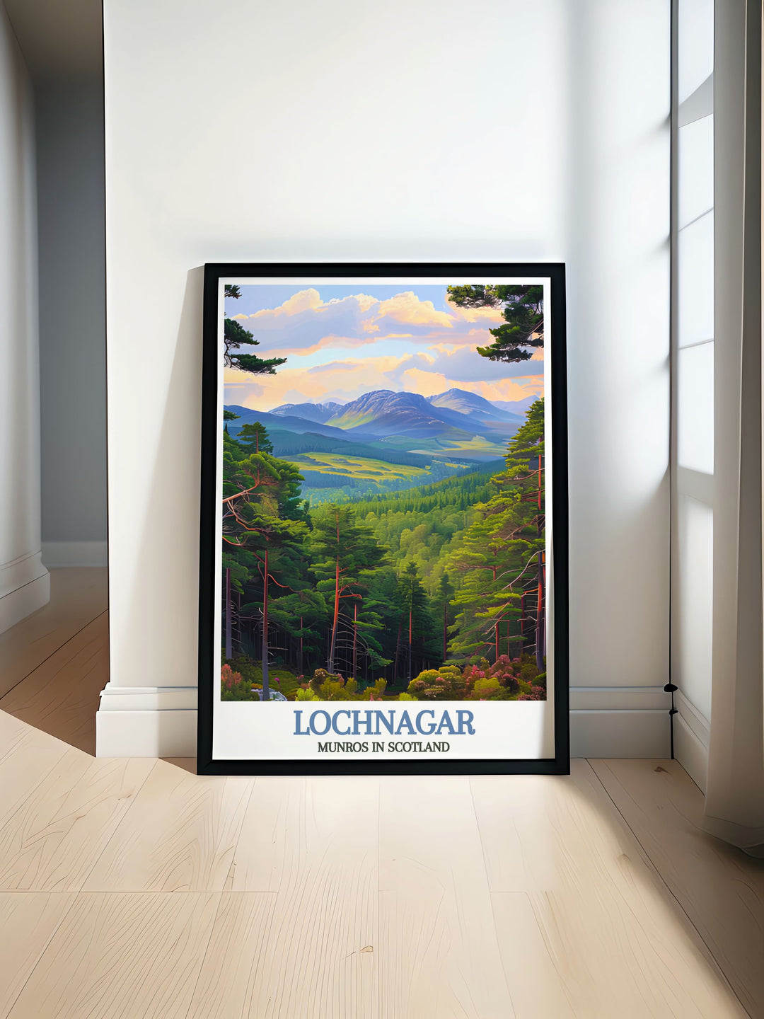 Ballochbuie Forest Travel Poster featuring the majestic Munros of Scotland with vintage travel print style showcasing the Scottish Highlands and iconic peaks like Lochnagar Munro and Beinn Chìochan Munro perfect for home decor and nature enthusiasts