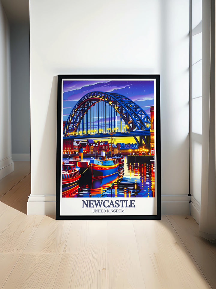 A striking Newcastle art print showcasing the Tyne Bridge and Quayside district. This travel poster is perfect for adding a unique touch to any room, bringing together Newcastles architectural beauty in one stunning wall print. Ideal for anyone who loves England wall art.