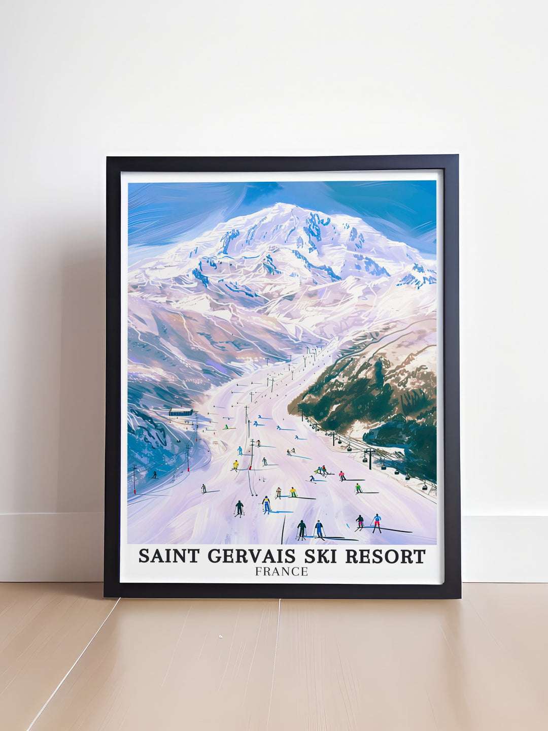 Evasion Mont Blanc ski area portrayed in a retro style canvas art. The print reflects the excitement of skiing in one of the most renowned areas of the French Alps, capturing the spirit of adventure and the stunning beauty of the mountains.