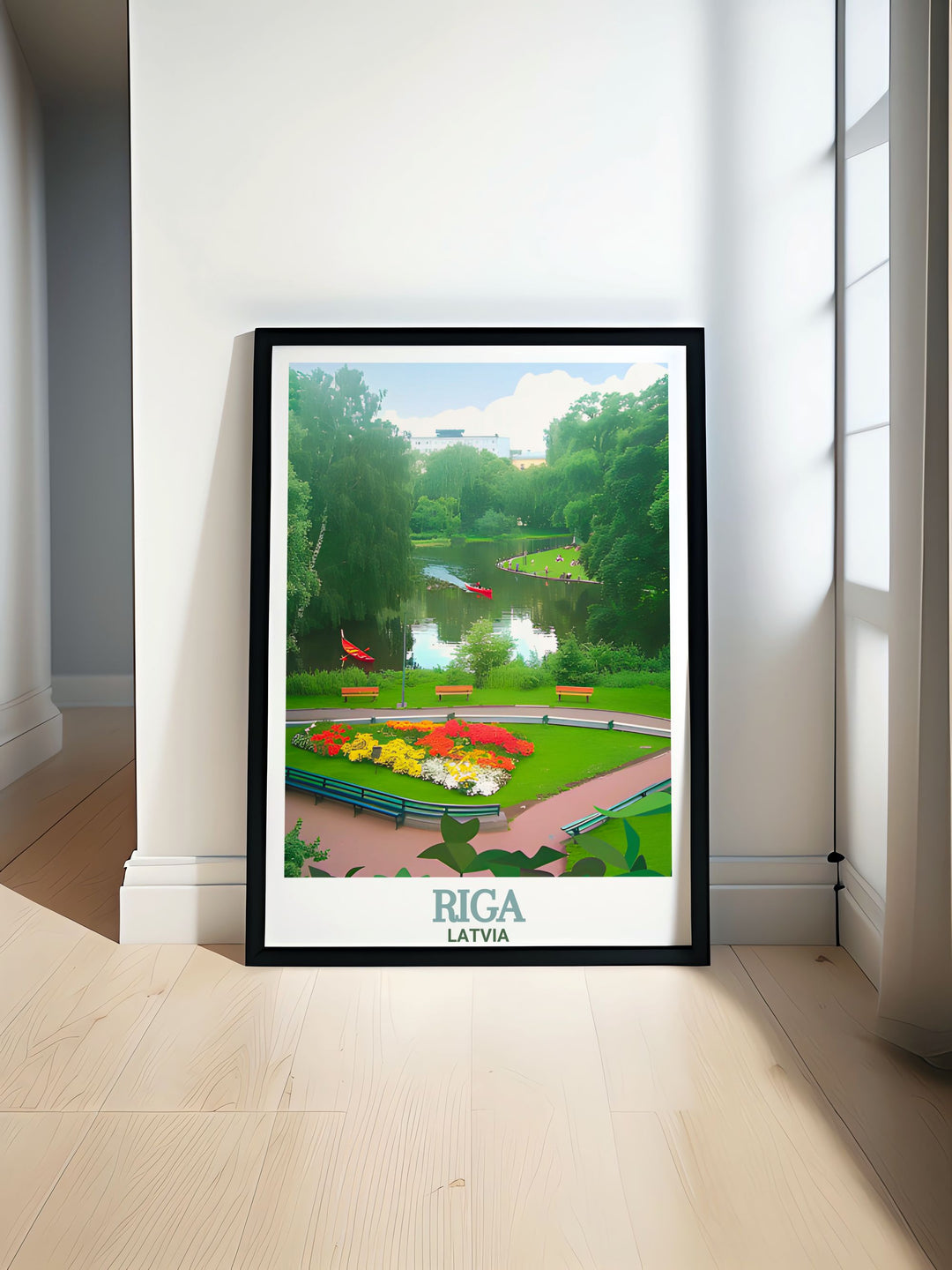 A detailed canvas art piece of Bastejkalna Park in Riga, Latvia. This travel print captures the lush greenery and peaceful walkways of the park, perfect for your living room or as a unique gift for travel lovers.