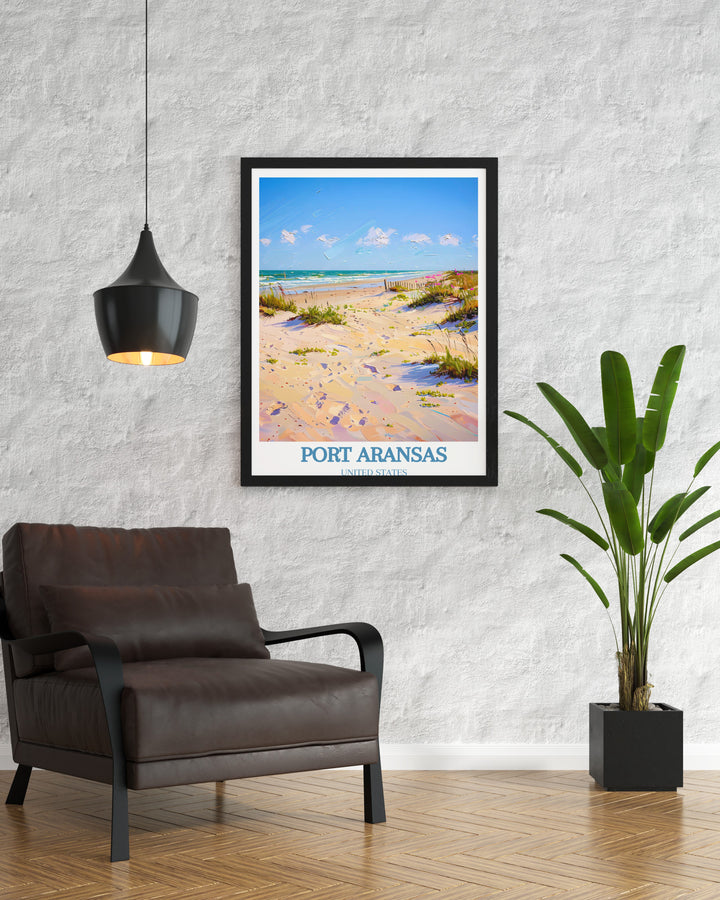 Celebrate the beauty of Port Aransas and Mustang Island with this stunning art print. The detailed depiction of the Texas coast makes it an ideal piece for anyone looking to bring a touch of coastal charm into their home.