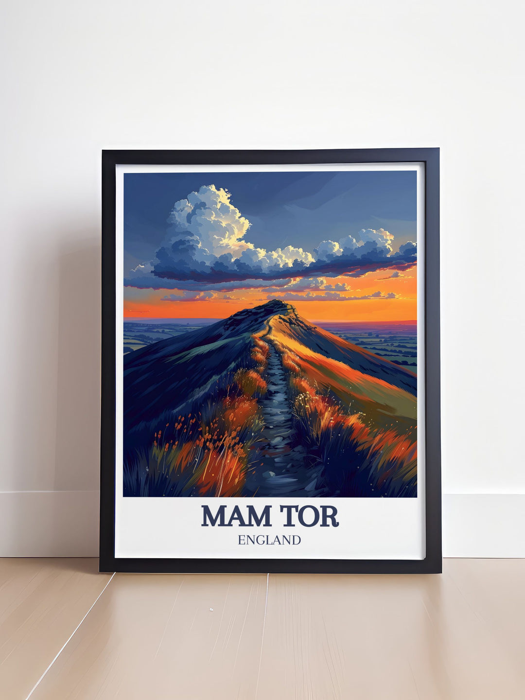 Framed print of Mam Tor Ridge walk featuring the Great Ridge and Hollins Cross capturing the majestic beauty of Peak District with detailed illustrations perfect for elegant home decor or as a thoughtful gift