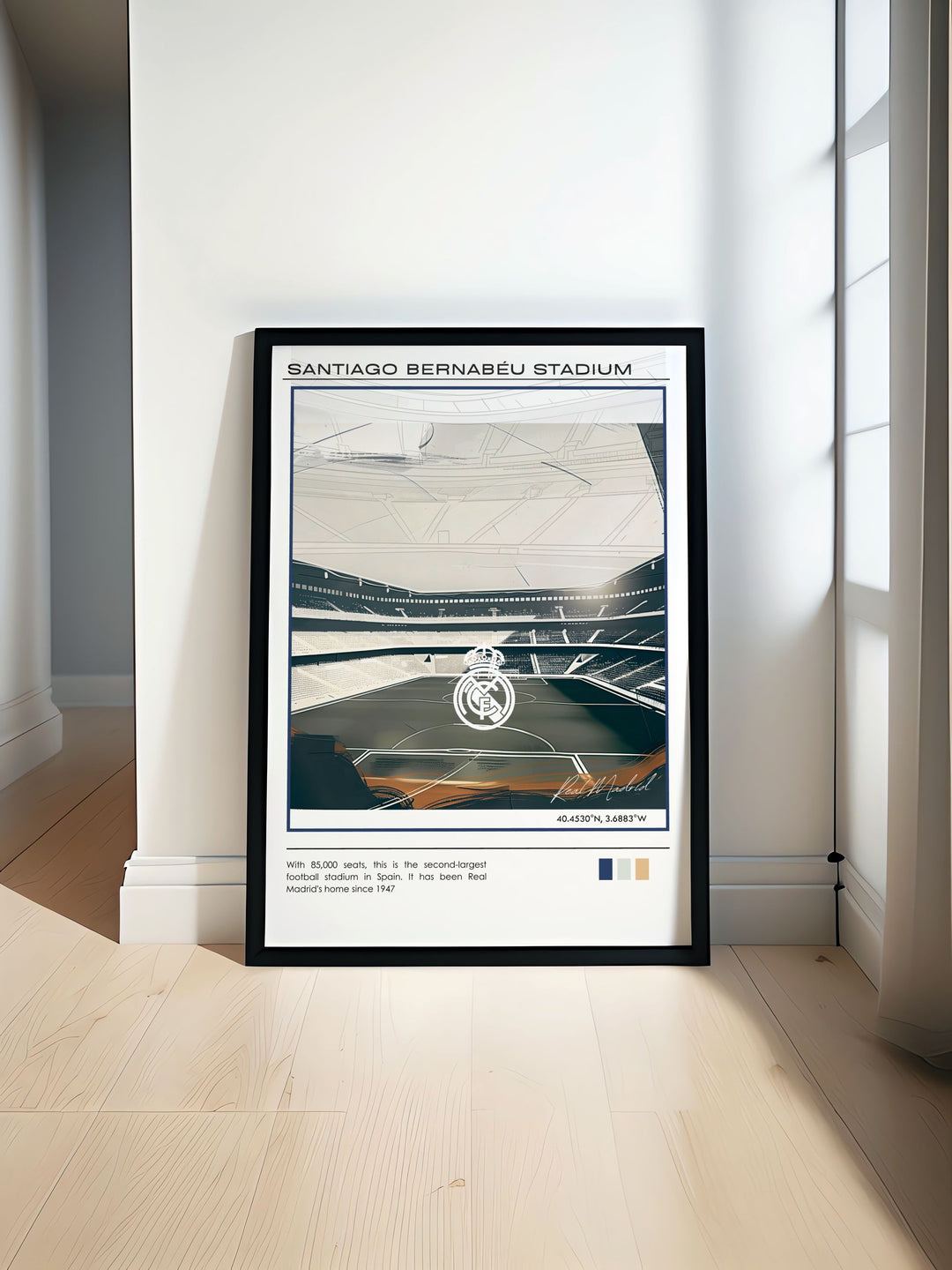 Real Madrid Poster featuring Jude Bellingham and The Santiago Bernabeu perfect for sports bedroom art or office wall art adding a touch of minimalist style and mid century modern decor