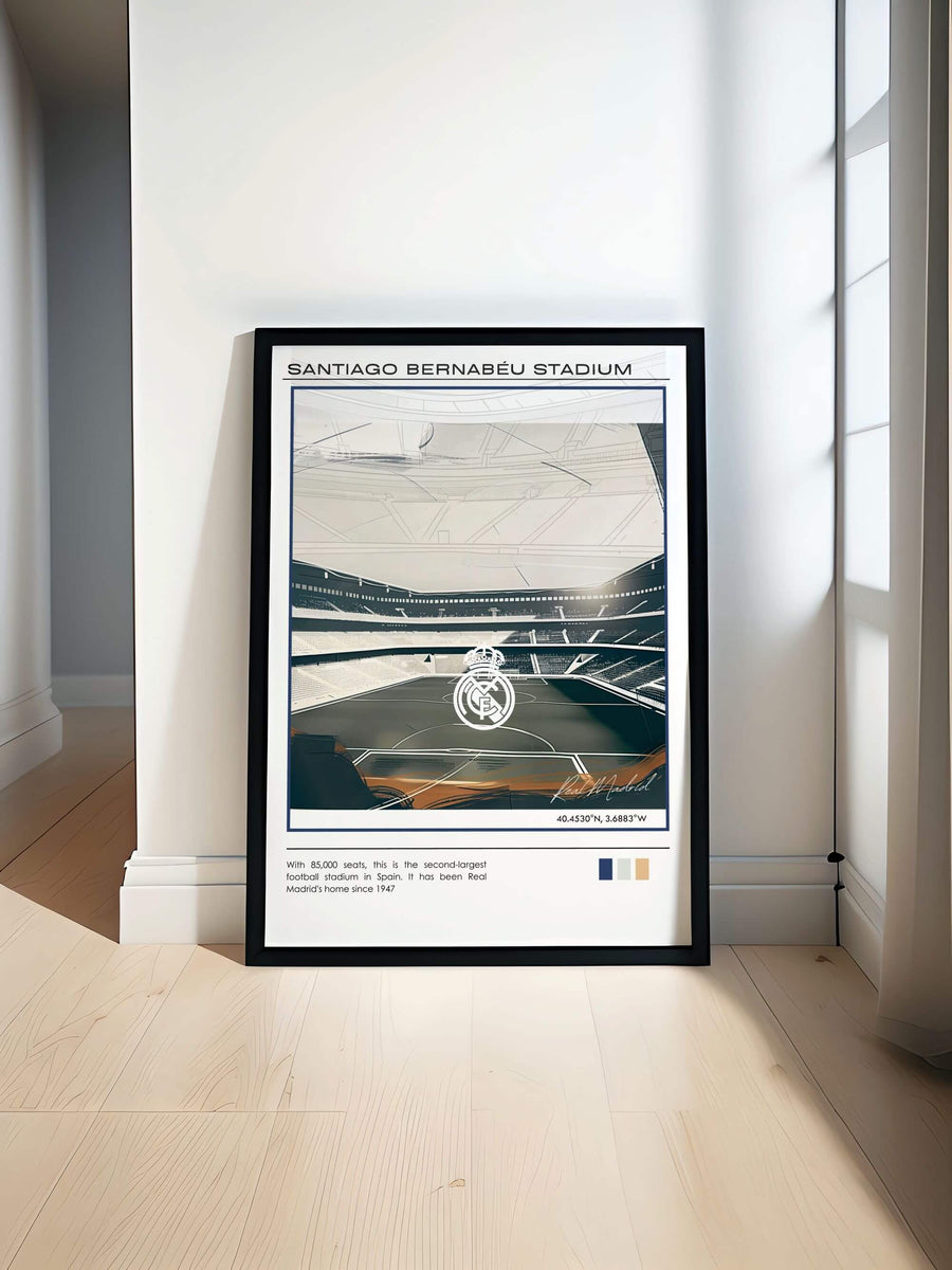 Real Madrid Poster featuring a minimalistic print. The Santiago Bernabeu perfect for sports bedroom art or office wall art adding a touch of minimalist style and mid century modern decor