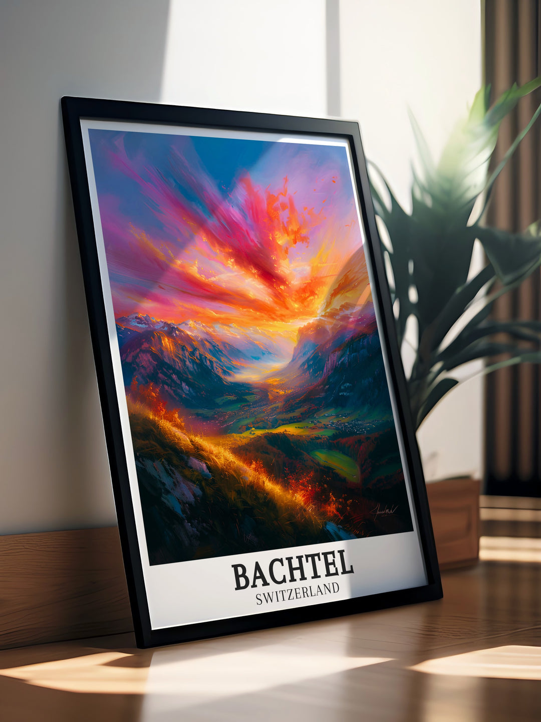 Breathtaking travel poster of Bachtel with views of the Swiss Alps and The Bachtel Range. Capturing the serene landscapes and majestic mountains of this iconic Swiss landmark. Perfect addition to any home decor. High quality print with vibrant colors and intricate details.