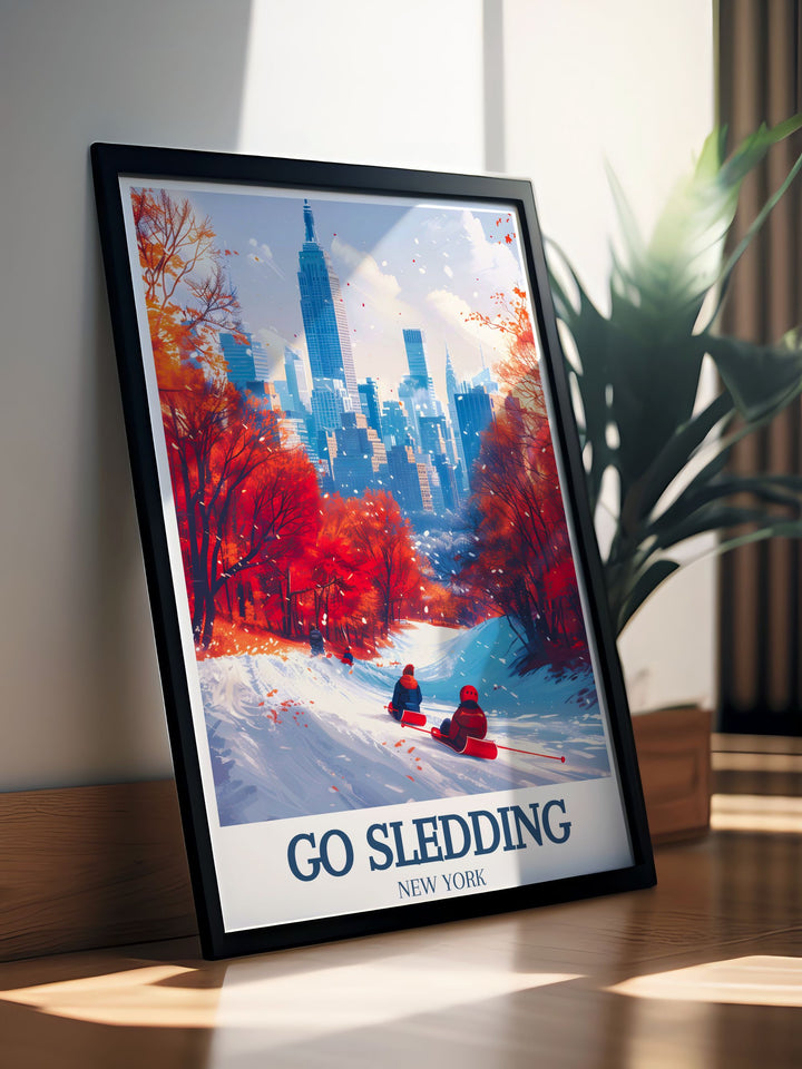 Gallery wall art of a snowy day in Central Park, emphasizing the joy and energy of sledding against the stunning backdrop of New York Citys iconic skyline.