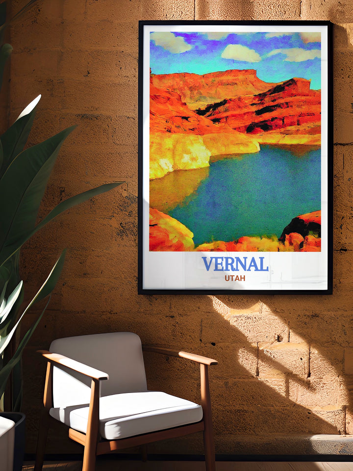 Vernal Travel Poster offering a detailed depiction of Vernal, Utahs gateway to the Uinta Mountains. This Utah wall art is perfect for those who appreciate the blend of history and natural beauty in their home decor. A timeless piece that celebrates Vernals rich heritage.