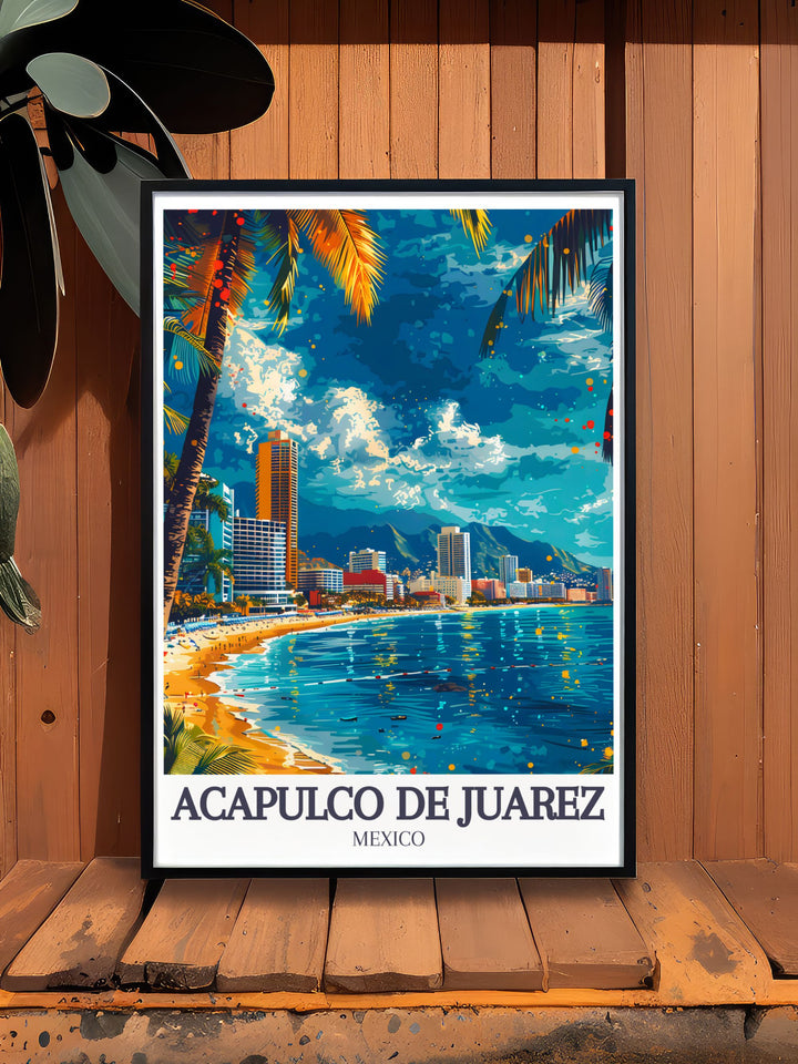 Immerse yourself in the vibrant nightlife and scenic beauty of Playa Condesa with this travel print, showcasing Acapulco de Juárezs most famous beach.