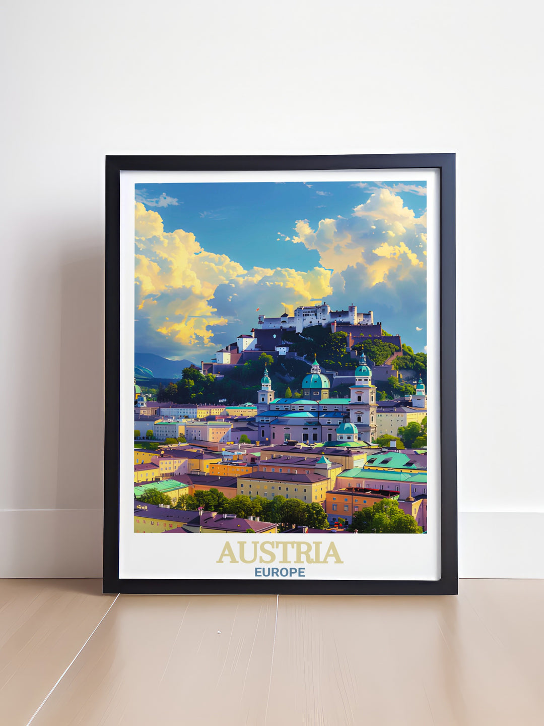 Bring Austrias beauty into your home with this Salzburgs Historic Center print. This Austria art print adds a colorful touch to modern décor. Perfect as an elegant wall art piece or a unique gift for friends and family who appreciate history and culture.