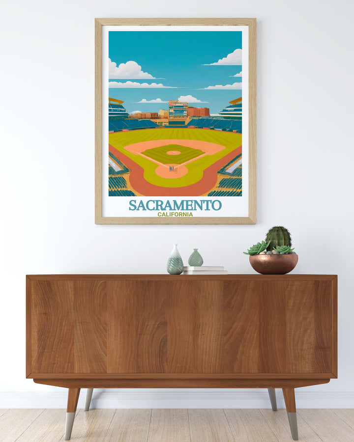 High quality Sacramento Art Print highlighting Raley Field in a detailed street map design perfect for adding a touch of elegance to your home or office decor capturing the beauty of this dynamic city