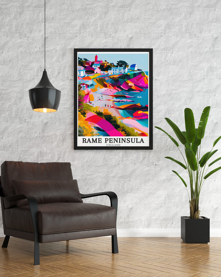 Transform your space with this beautiful Rame Peninsula artwork showcasing the tranquil Cawsand beach Kingsand Perfect as a Cornwall gift or as a standout piece in your home decor collection this print adds a touch of coastal elegance to any setting.