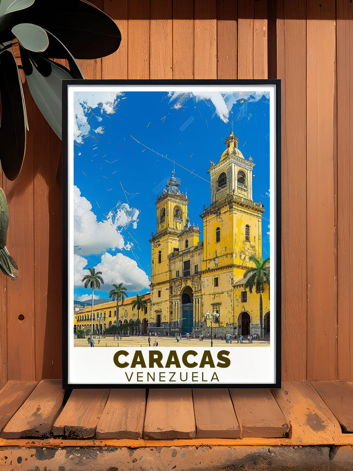 This travel poster captures the essence of Plaza Bolivar and Caracas, highlighting their unique beauty and significance, making it perfect for enhancing your home decor with Venezuelas historical and cultural charm.