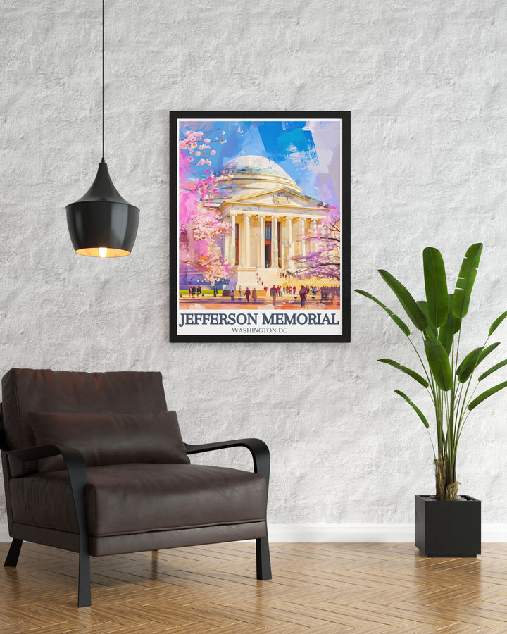 This Jefferson Memorial travel poster showcases the neoclassical dome and the calming Tidal Basin view. The perfect addition to any home or office, this USA wall art honors the legacy of Thomas Jefferson.