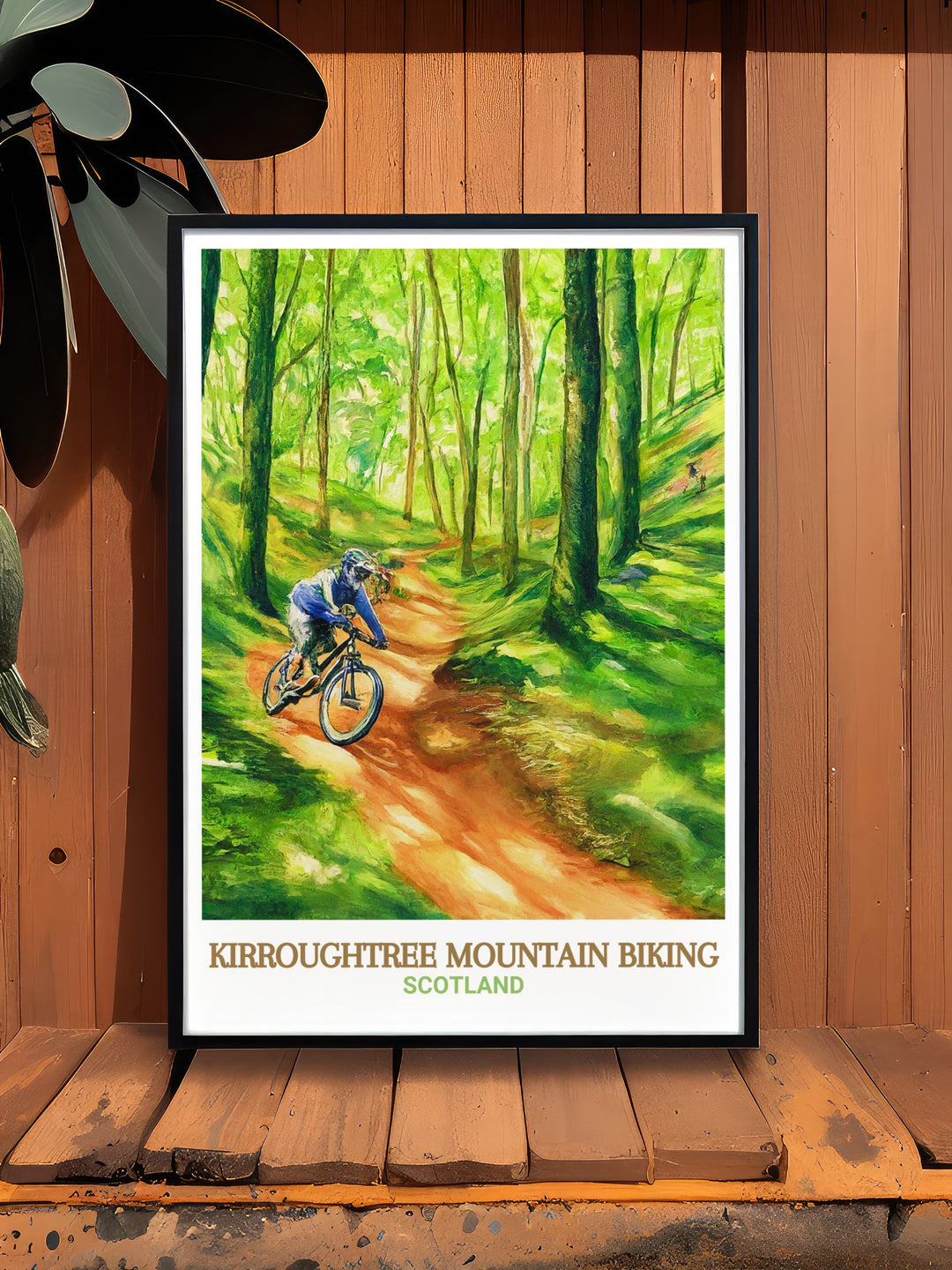 Kirroughtree cycling travel poster showcasing the diverse trails of the 7stanes network. This canvas print brings the excitement of the ride into your home, perfect for biking enthusiasts or anyone who loves dynamic outdoor art.