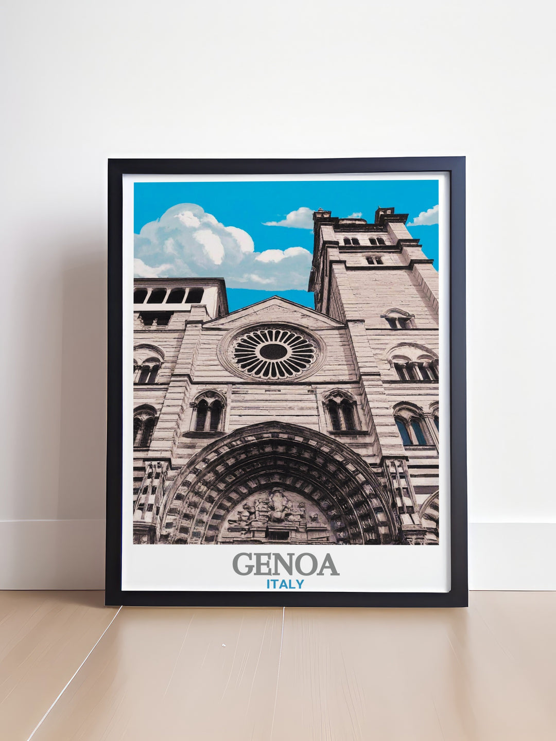 This poster print showcases the beautiful Genoa Cathedral in Italy, capturing the intricate details of its architecture and vibrant history. Perfect for anyone who loves Italy, this travel print brings a touch of Genoas timeless charm into your home.