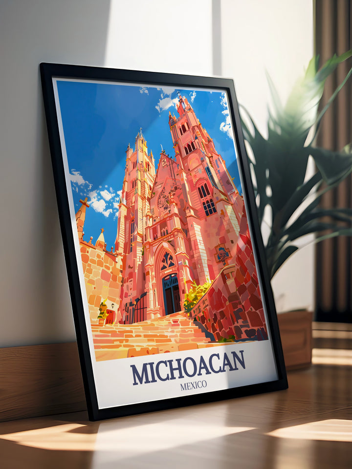 This Michoacán poster print features the iconic Morelia Cathedral and the vibrant cityscape of Morelia, Mexico. A perfect addition to any home or guest space, this travel print offers a vintage inspired design with bold colors. Bring a touch of Mexicos architectural beauty into your décor.