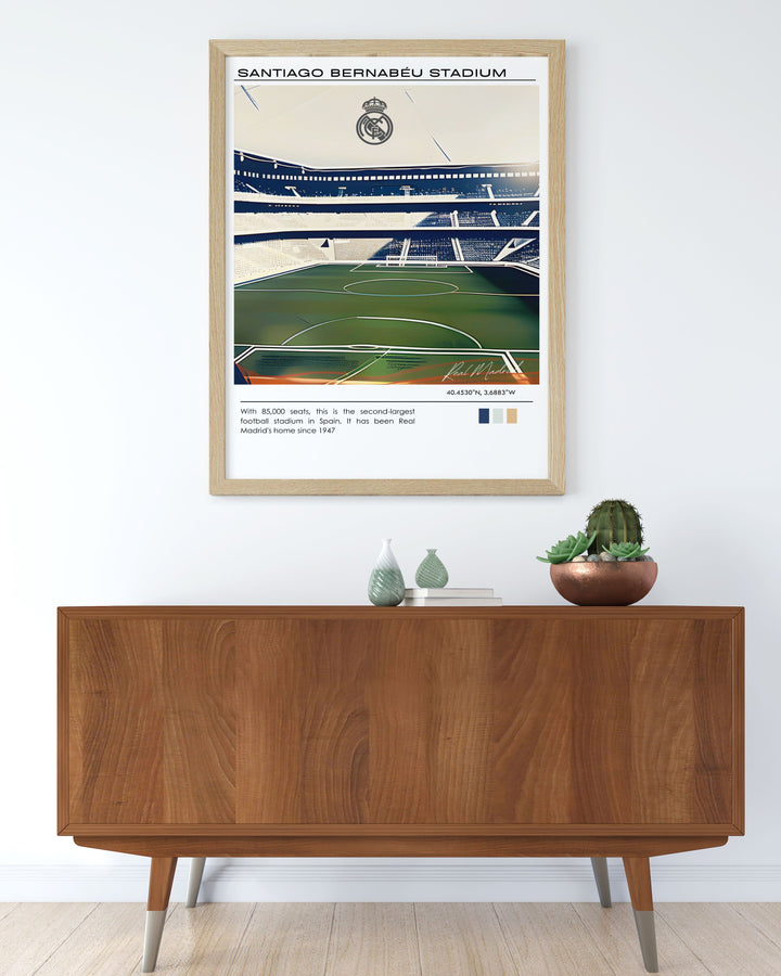 Football printable of Real Madrid and Jude Bellingham at Santiago Bernabeu a minimalist artwork for sports fans and mid century modern room decor