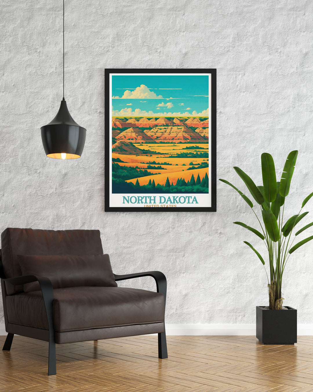 Travel Poster featuring Theodore Roosevelt National Parks rugged terrain. This North Dakota artwork captures the untamed beauty of the parks ridges and valleys, making it a stunning addition to any nature themed decor. Perfect for adventurers at heart.