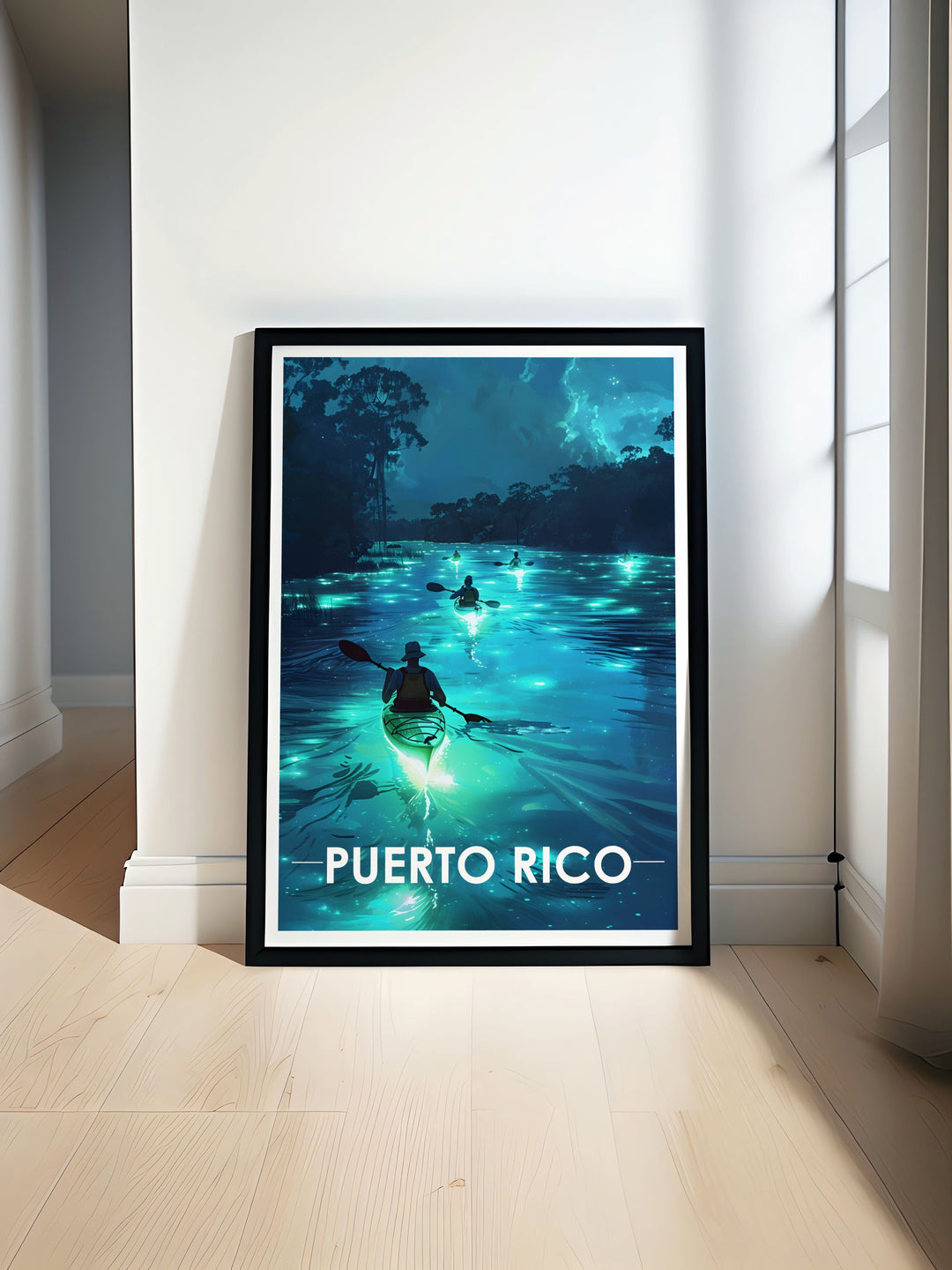 Vivid Puerto Rico Poster showcasing Arecibo Cityscape and Bioluminescent Lakes. This travel print features vibrant colors and intricate details, capturing the essence of Arecibos natural and urban beauty, making it a perfect addition to any home decor or personalized gift collection.