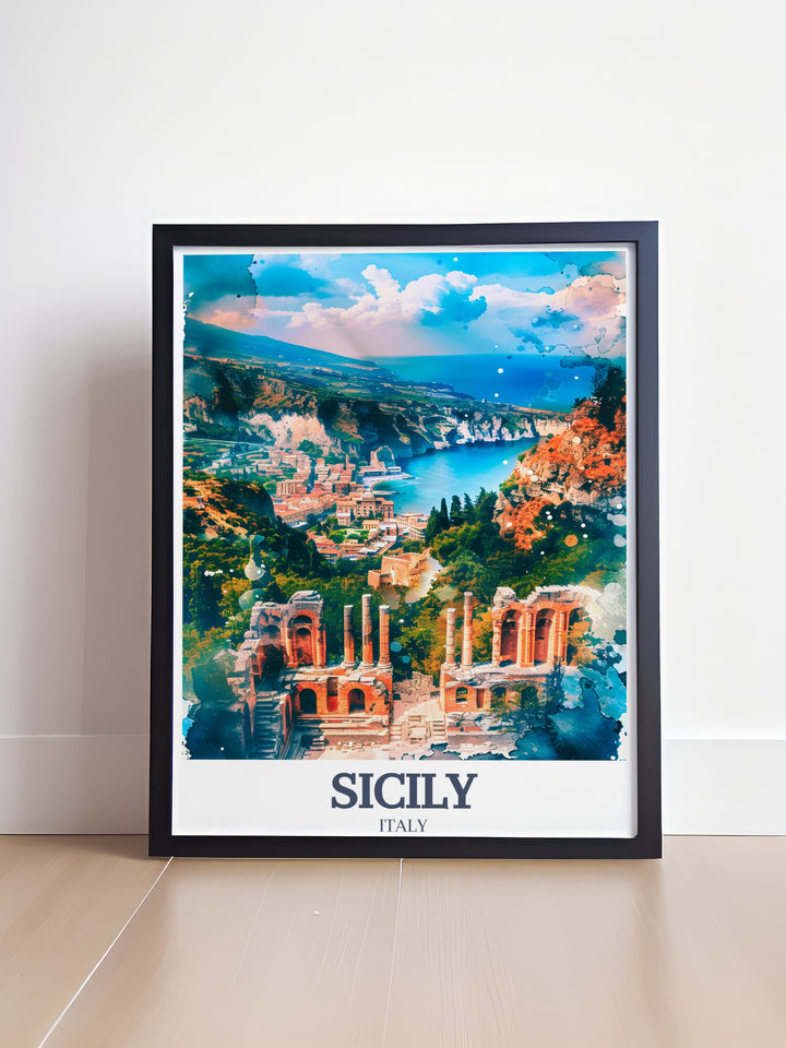 An exquisite Sicily art print featuring the Valley of the Temples and Teatro Antico di Taormina. The vibrant design brings a piece of the Mediterranean into your home, making it perfect for décor or a unique gift.