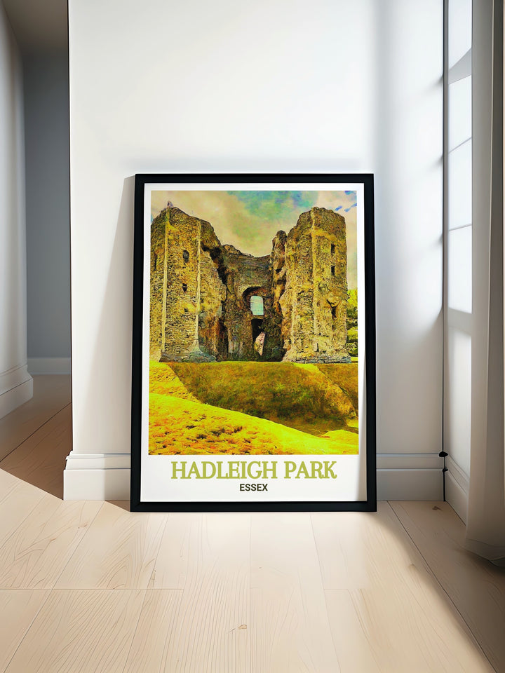 Hadleigh Castle wall art with mountain biking trails at Hadleigh Park in Essex. Perfect for home decor and unique gifts. The fine line prints and vibrant colors highlight the charm and adventure of this iconic destination.