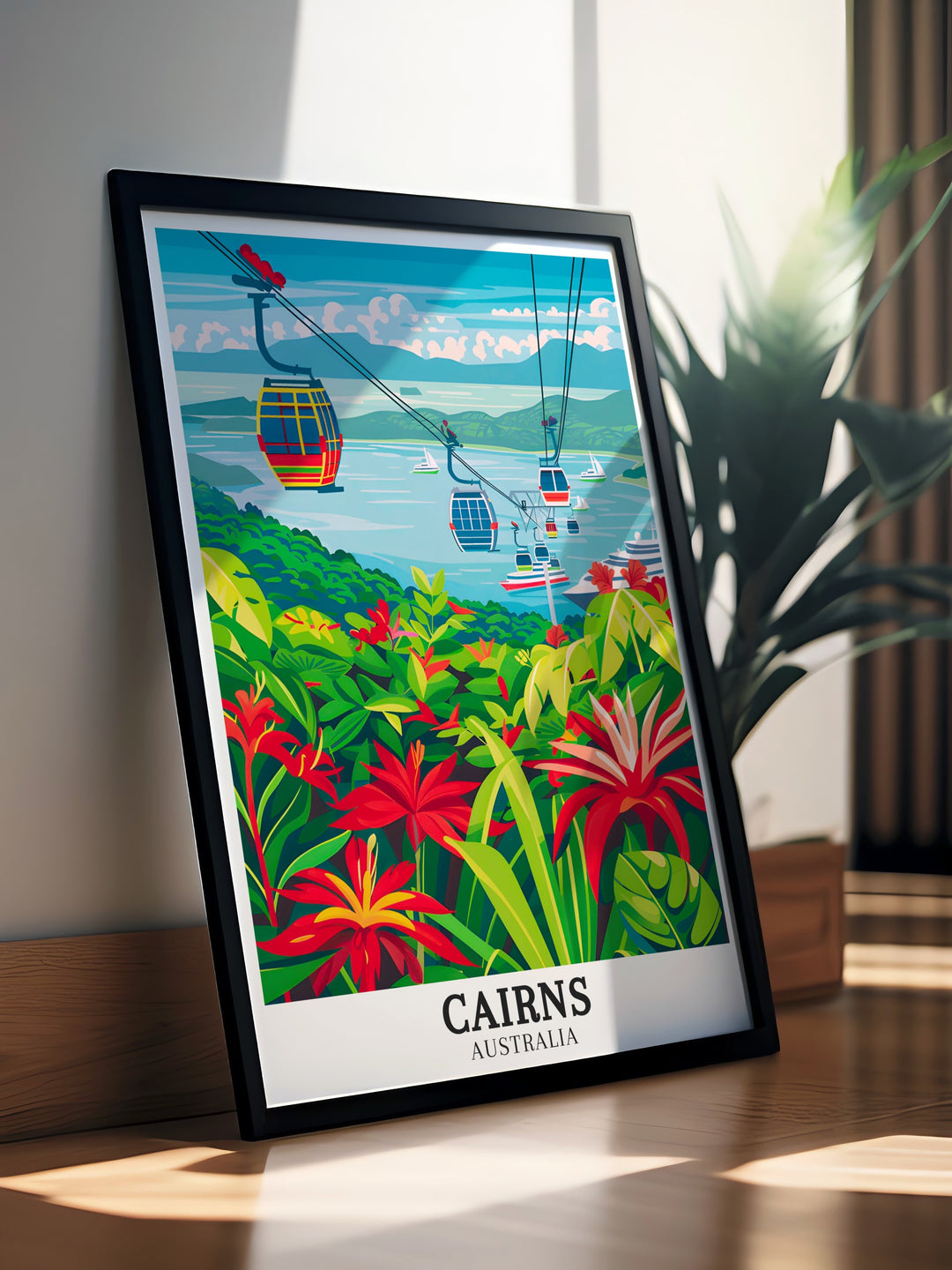 Stunning Cairns Artwork featuring the iconic Skyrail Rainforest Cableway, Port Douglas. Perfect for Australia Travel enthusiasts this art print adds warmth and charm to any decor. A beautiful Australia Souvenir or gift for anyone who loves exploring nature