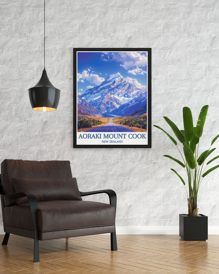 Travel poster capturing the scenic vistas of Aoraki Mount Cook, perfect for inspiring future travels to New Zealand.