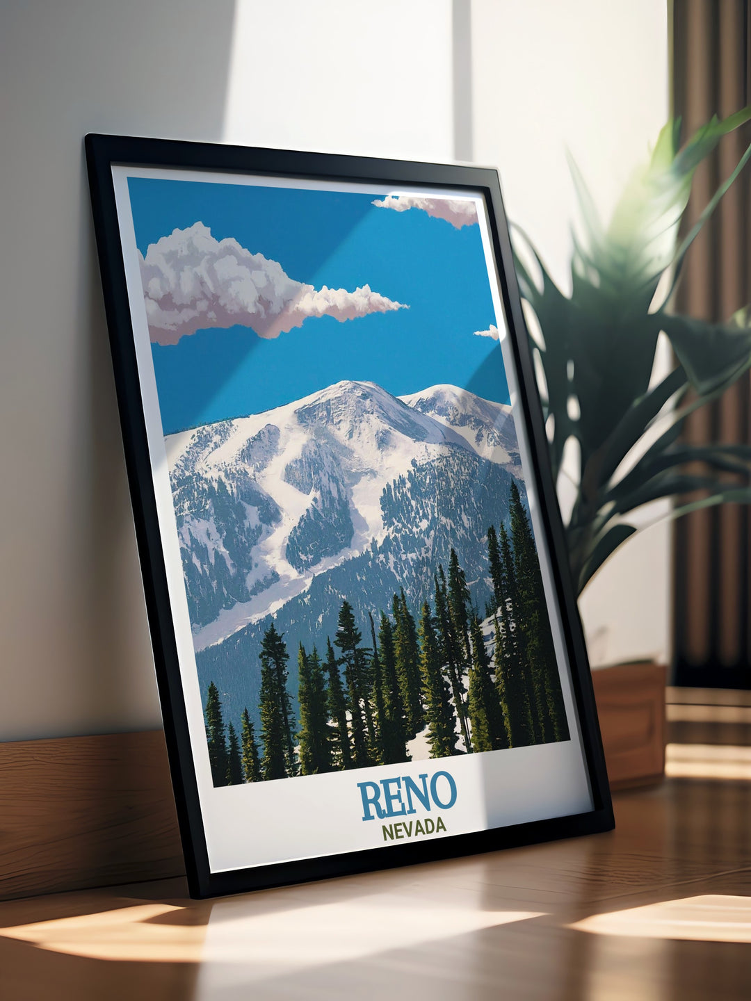 A vintage style travel print of Mt. Rose Ski Tahoe, highlighting the thrilling slopes and scenic vistas of the Sierra Nevada. This artwork is perfect for winter sports lovers or anyone who enjoys the beauty of Nevadas snow capped mountains.