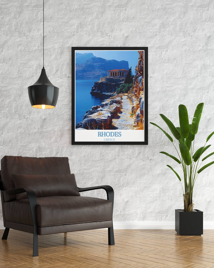 Rhodes Greek Art featuring the Acropolis of Lindos Modern Décor. This stunning print showcases the historical and cultural significance of Rhodes Greece. A perfect addition to your living space or a thoughtful gift for someone who appreciates fine art and travel.