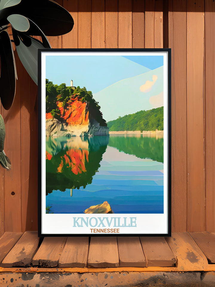 A Knoxville travel print featuring the serene trails and scenic beauty of Ijams Nature Center, complemented by views of Knoxvilles cityscape. This poster makes an excellent addition to any home or office, offering a perfect blend of urban and natural aesthetics.