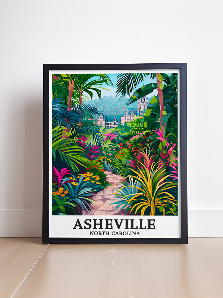 Colorful Asheville Print showcasing the citys map along with Western North Carolina Botanical Garden and The Biltmore Estate ideal for adding a touch of elegance to your living space and making thoughtful gifts for any occasion.