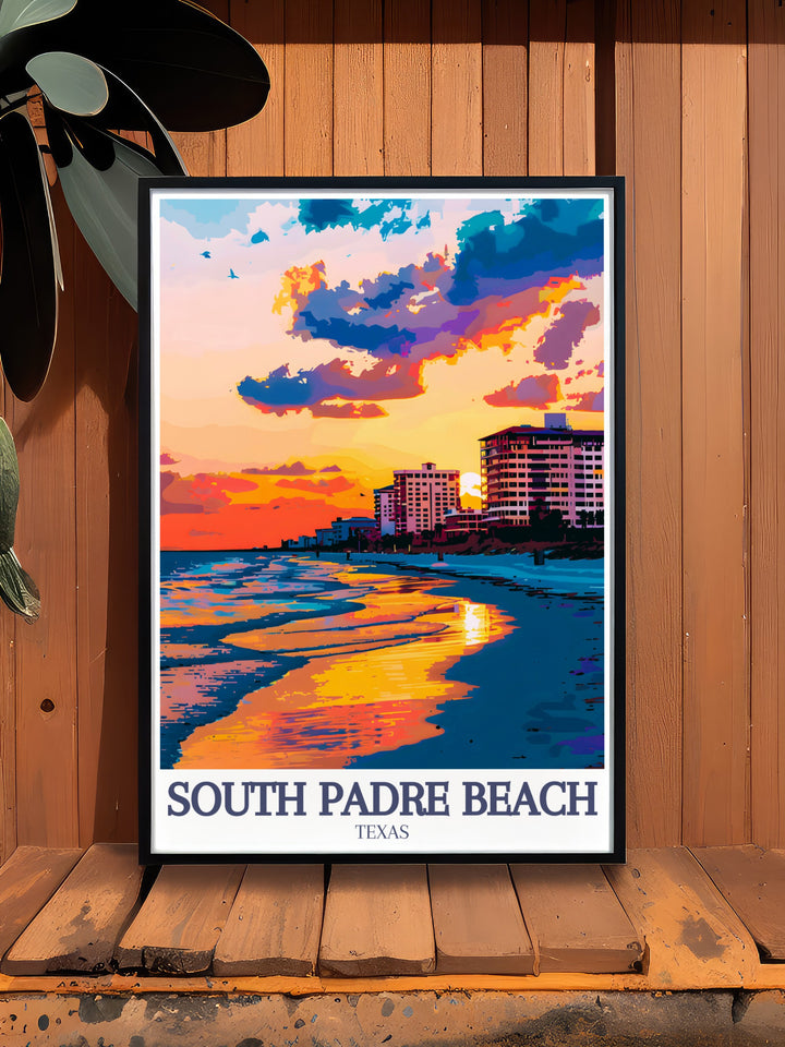 This detailed travel poster of South Padre Beach, Texas, captures the serene coastline of the Gulf of Mexico. With its vibrant colors and stunning illustration, its a perfect addition to your home decor, evoking memories of sunny beach vacations and tropical getaways.