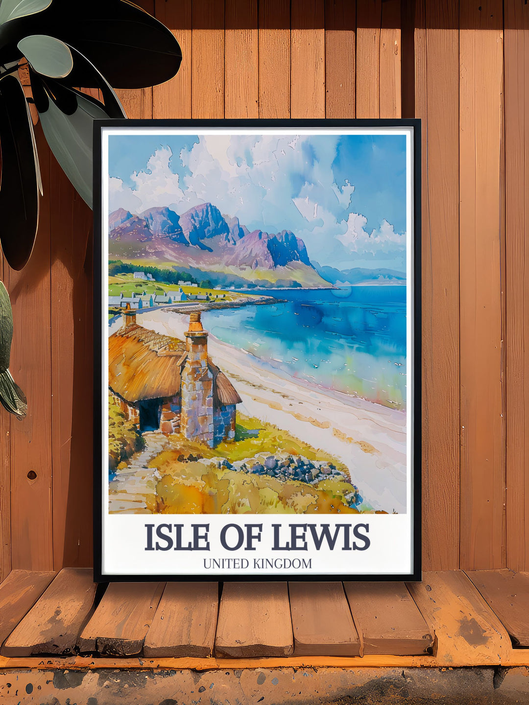 Framed art highlighting the historical and cultural significance of Gearrannan Blackhouse Village, perfect for history enthusiasts and admirers of traditional Scottish architecture, bringing a piece of Scotlands heritage into your space.