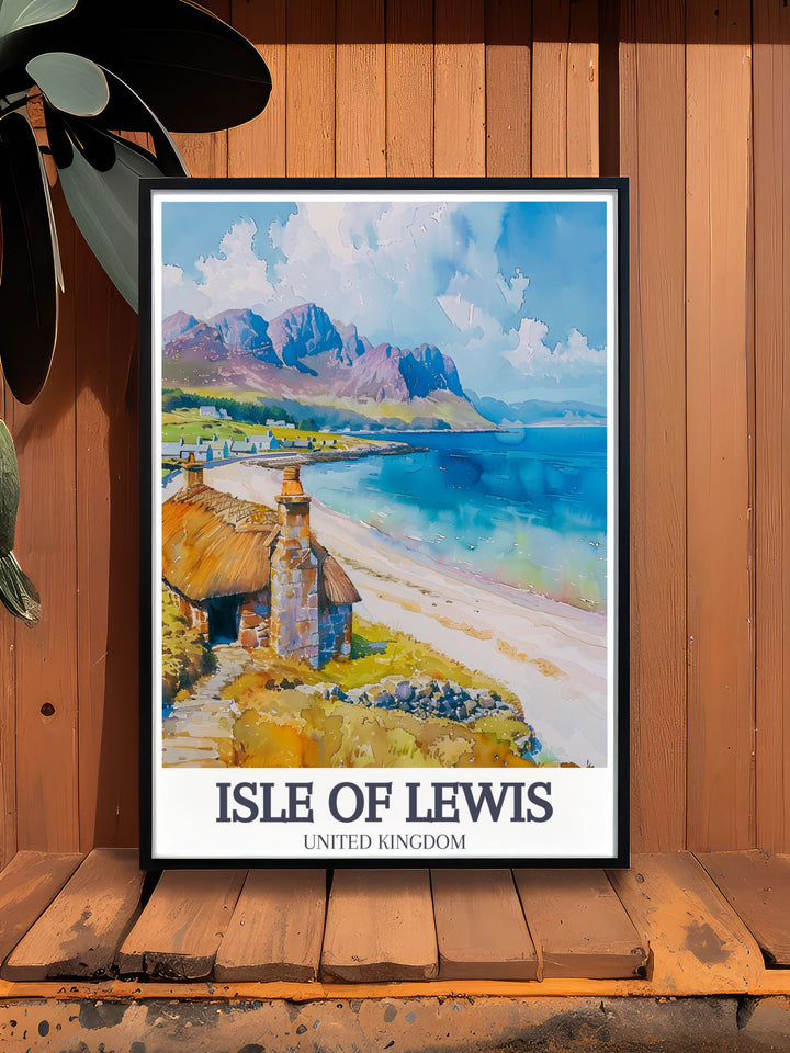 A captivating travel print featuring the historic Gearrannan Blackhouse Village, known for its stunning thatched roof cottages. This artwork beautifully illustrates the rich cultural heritage of the Isle of Lewis, making it a perfect decor piece.