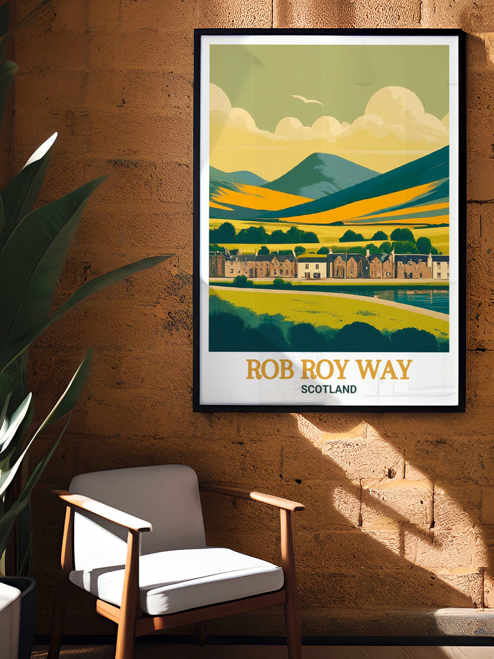 A beautifully designed poster print of the Rob Roy Way, capturing the scenic landscapes of Drymen, The Trossachs, and Loch Tay. This print is perfect for hiking enthusiasts and travelers looking to bring the charm of Scotlands Great Trails into their home decor.