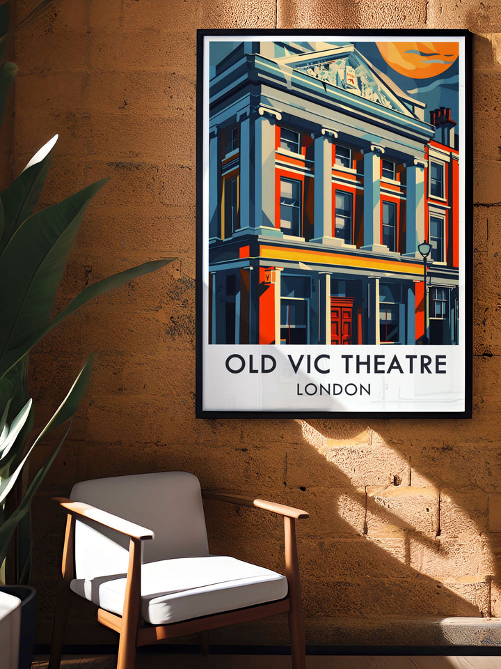 This retro art deco poster showcases the exterior of The Old Vic Theatre in London, one of the citys most historic landmarks. The vivid color palette and timeless design make it a perfect addition to any room or a thoughtful gift for theatre lovers and fans of vintage travel art.