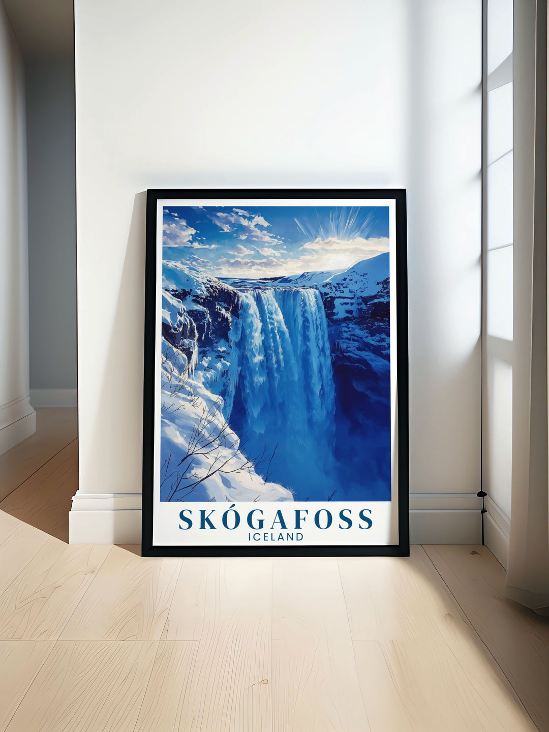 Stunning Skogafoss waterfall Winter travel poster showcasing the majestic beauty of the Icelandic waterfall surrounded by snow and ice perfect for adding a touch of winter wonderland to your home decor and inspiring your next adventure.