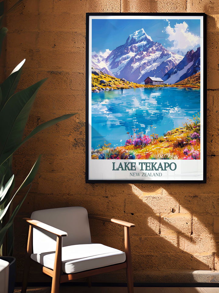 Capturing the grandeur of Mount Cook and the Southern Alps, this travel poster brings the breathtaking beauty of New Zealands highest peak into your living space. Perfect for those who love dramatic and rugged landscapes.