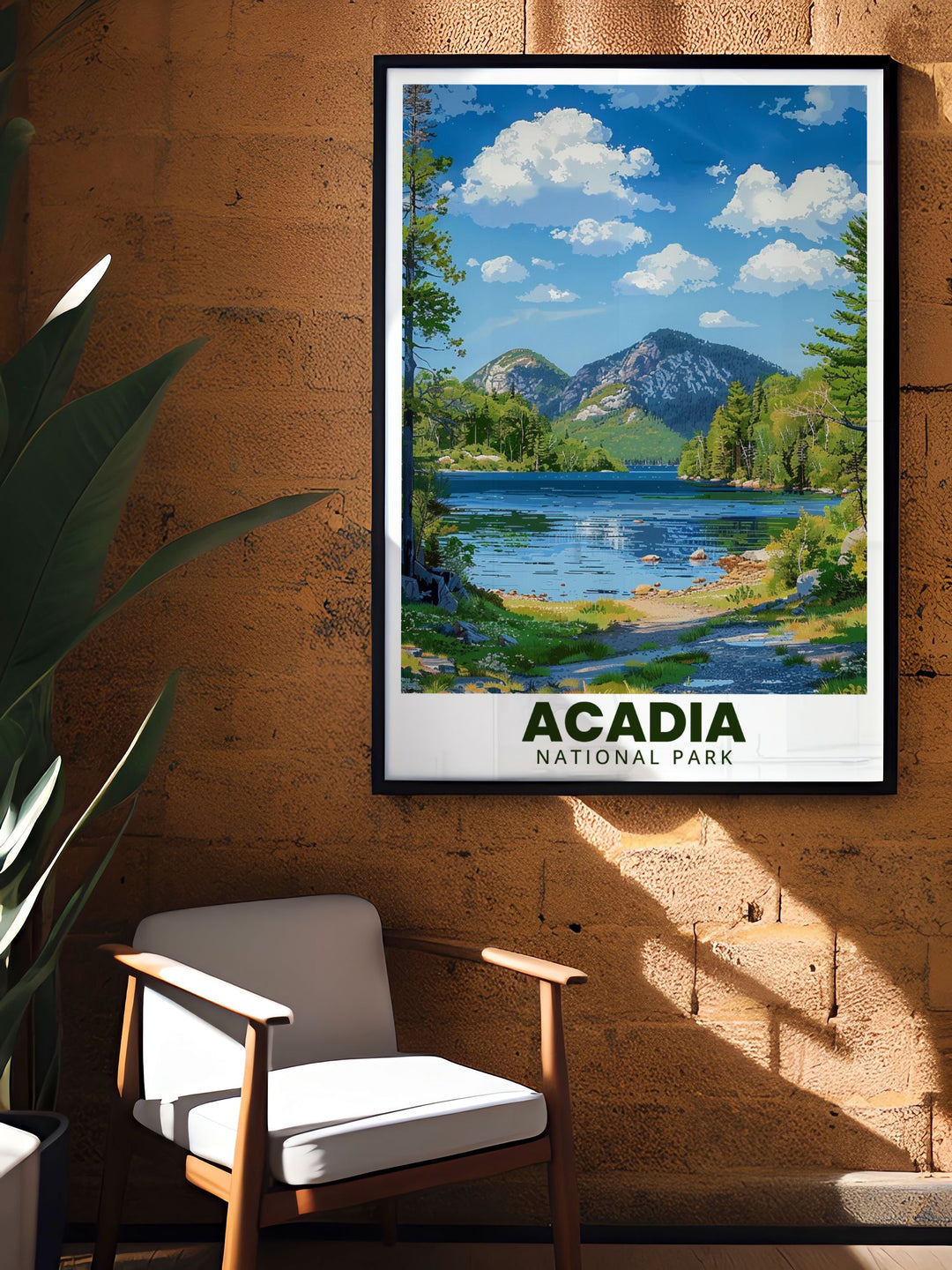 Retro style Acadia National Park print showcasing Jordan Pond in bold colors and elegant details. Perfect for nature inspired home decor and a great gift idea for anyone who enjoys national parks or vintage travel posters.