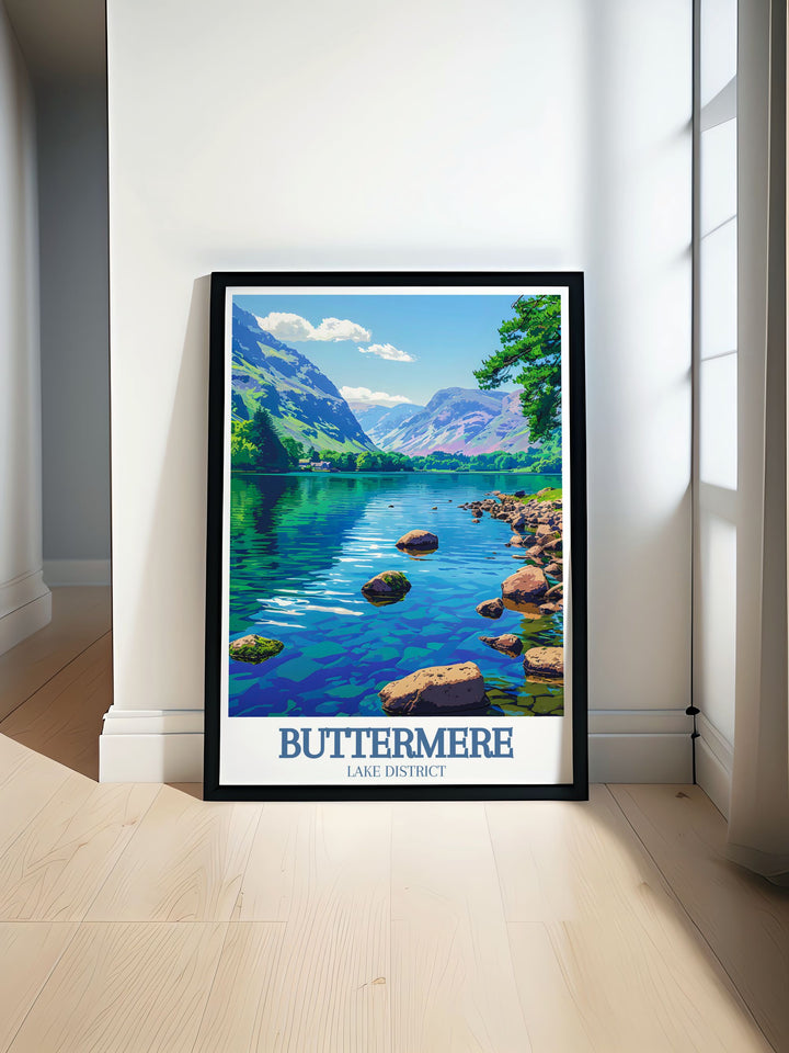The vibrant landscapes of the Honister Pass and the serene beauty of Buttermere Lake are depicted in this vibrant travel poster, offering a stunning visual of the Lake Districts diverse attractions.