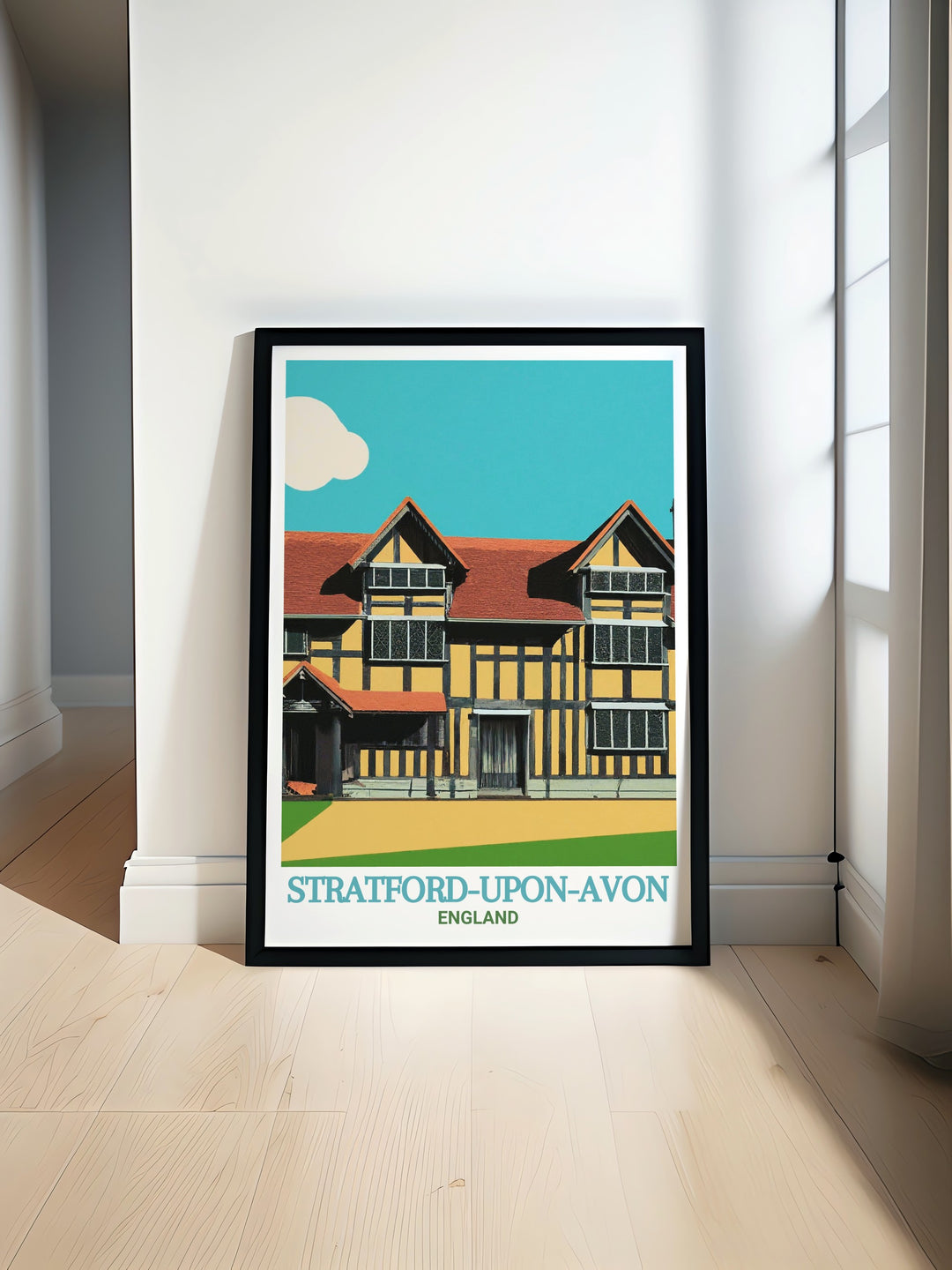 Enhance your home with our beautiful Stratford upon Avon wall art featuring Shakespeares Birthplace perfect for adding a touch of historical charm and elegance to any living room decor.