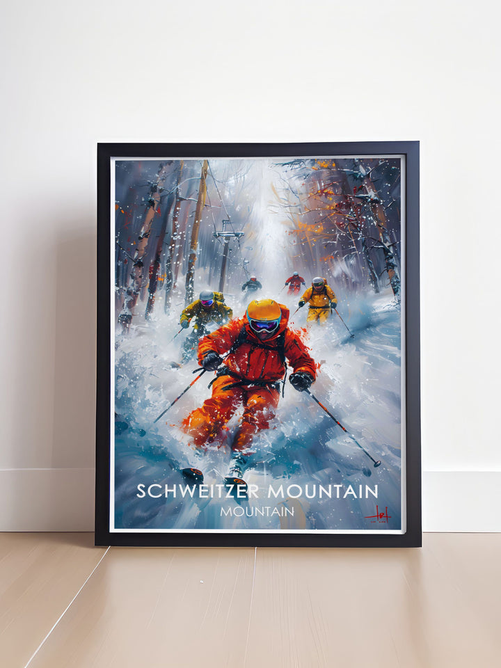 Featuring Schweitzer Mountains vast ski terrain and the Outback Bowl, this travel print highlights the adventurous spirit of Idahos premier ski destination. The artwork beautifully captures the snow covered slopes and expansive wilderness, ideal for outdoor enthusiasts.