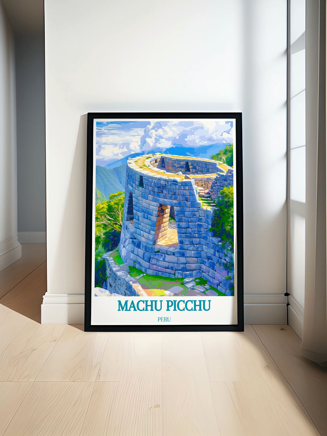 Machu Picchu travel print featuring The Temple of the Sun offers a minimalist design that brings the ancient Incan ruins into your home decor. This travel poster is perfect for those who appreciate cultural depth and historical significance adding a touch of Perus mystique to any space with stunning prints that capture the beauty of one of the worlds most legendary sites.